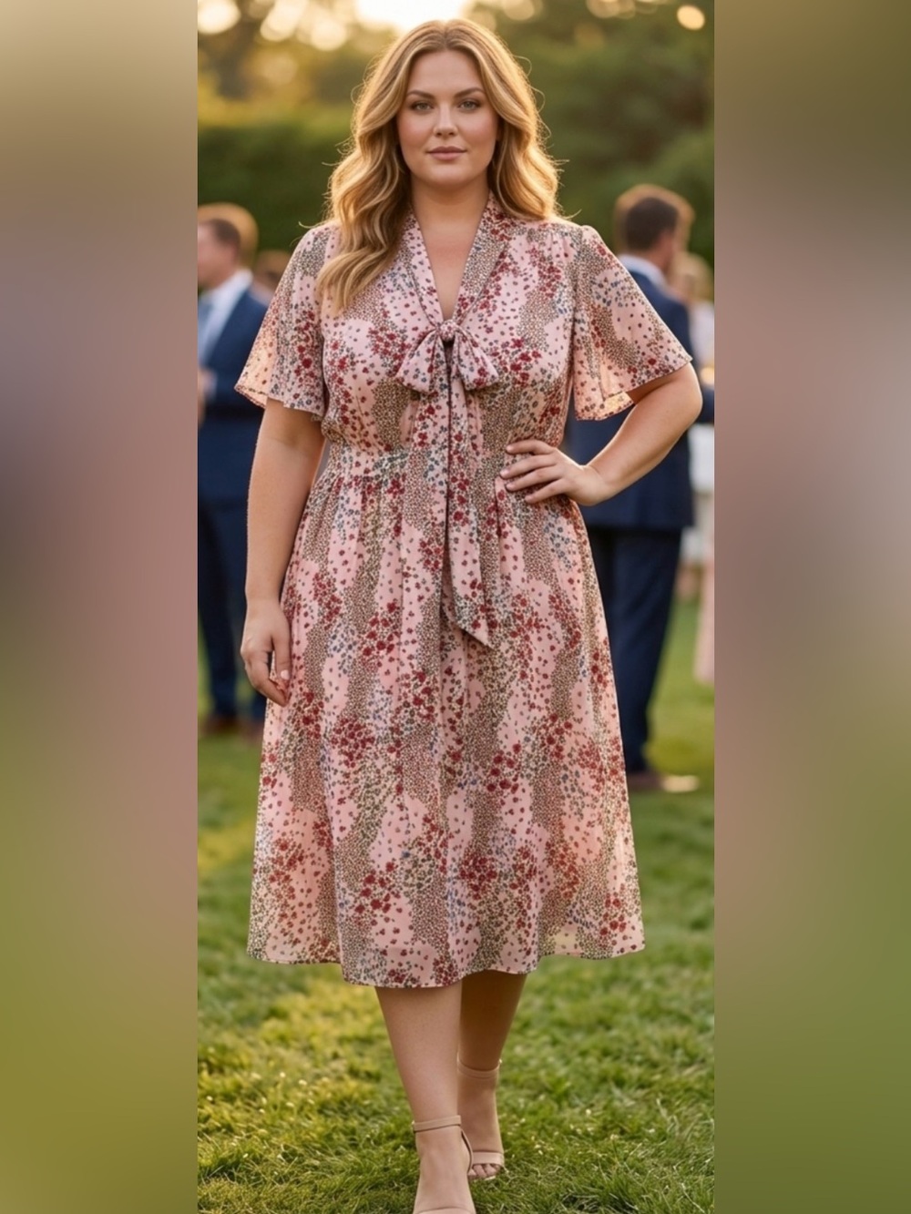 1901 Nordstrom Pink Floral Chiffon Midi Dress 1X Tie Neck Flutter Sleeve